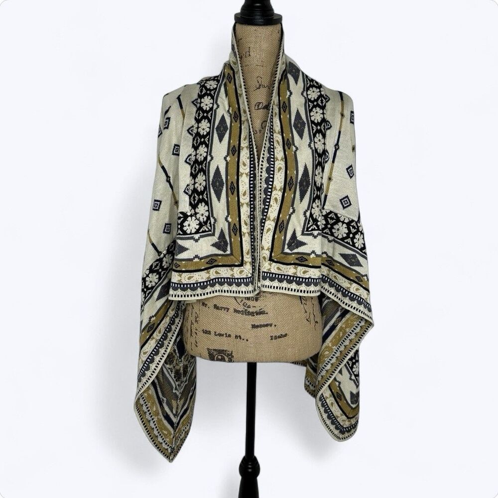 Freeway Open Front Cardigan Sweater Sz M Cream Mustard Nordic Boho Layering‎